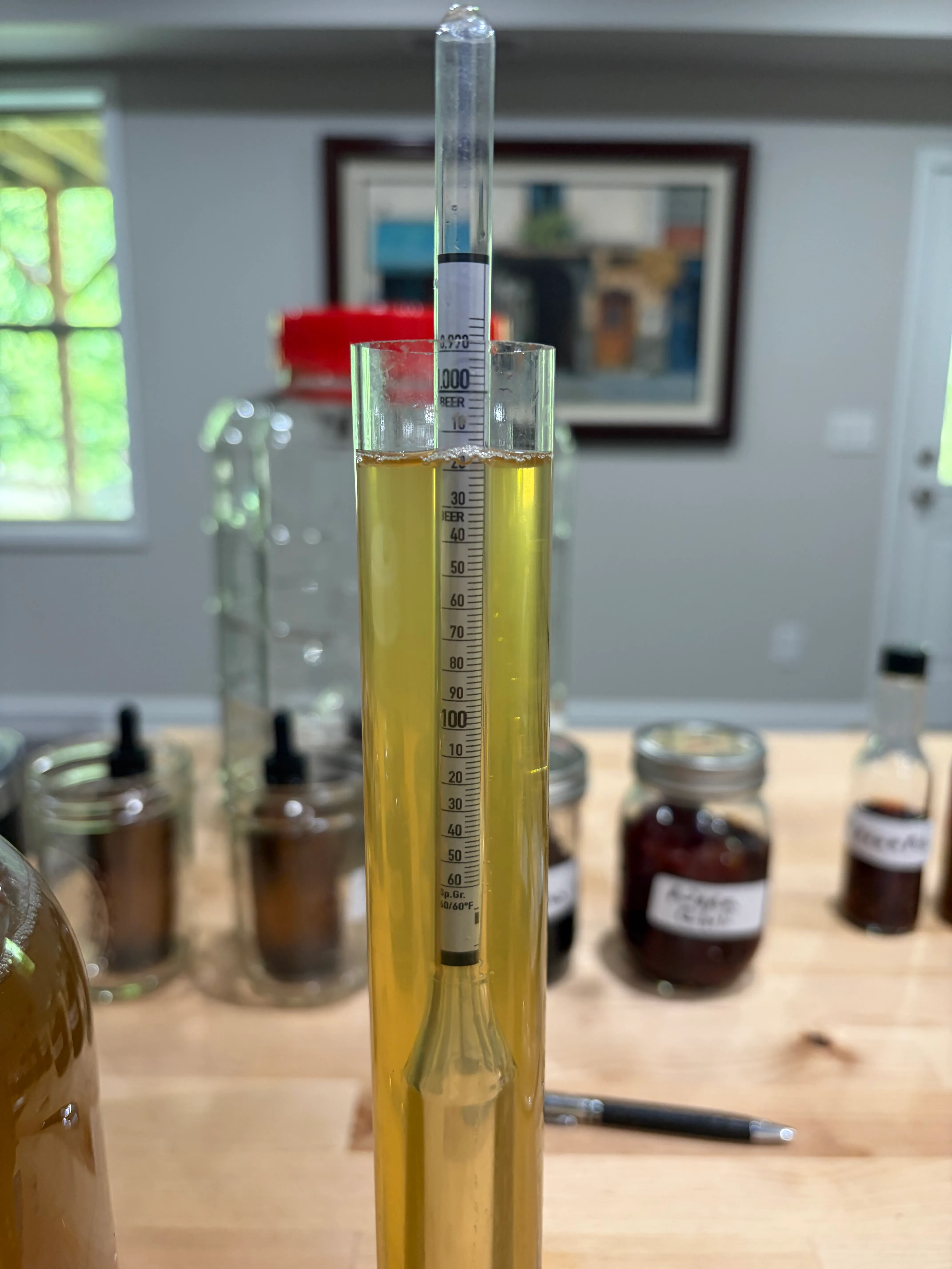 Batch One, after sweetening: reading 1.005 — exactly the off-dry target.