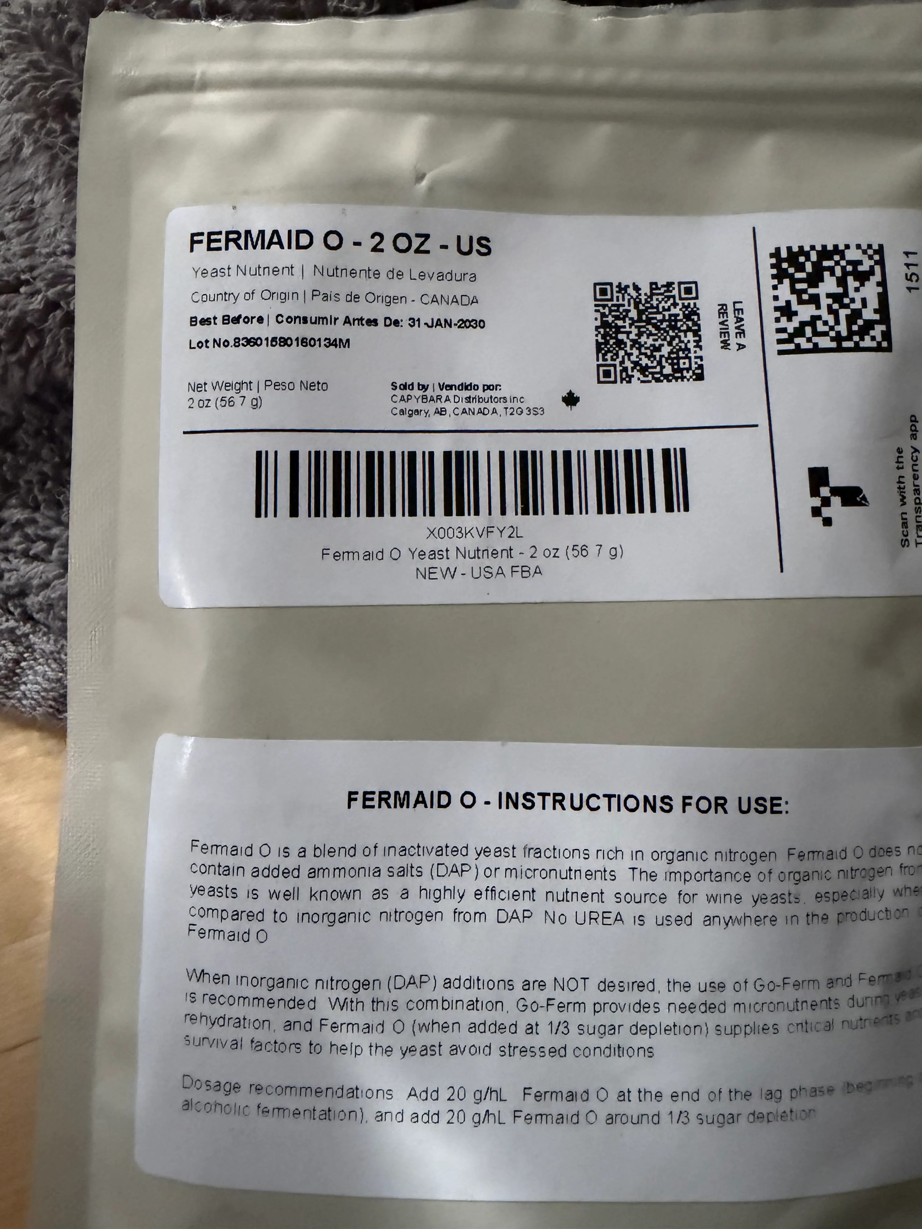 Fermaid O — the nutrient. My brew notes said "Ferm B," the packet disagrees