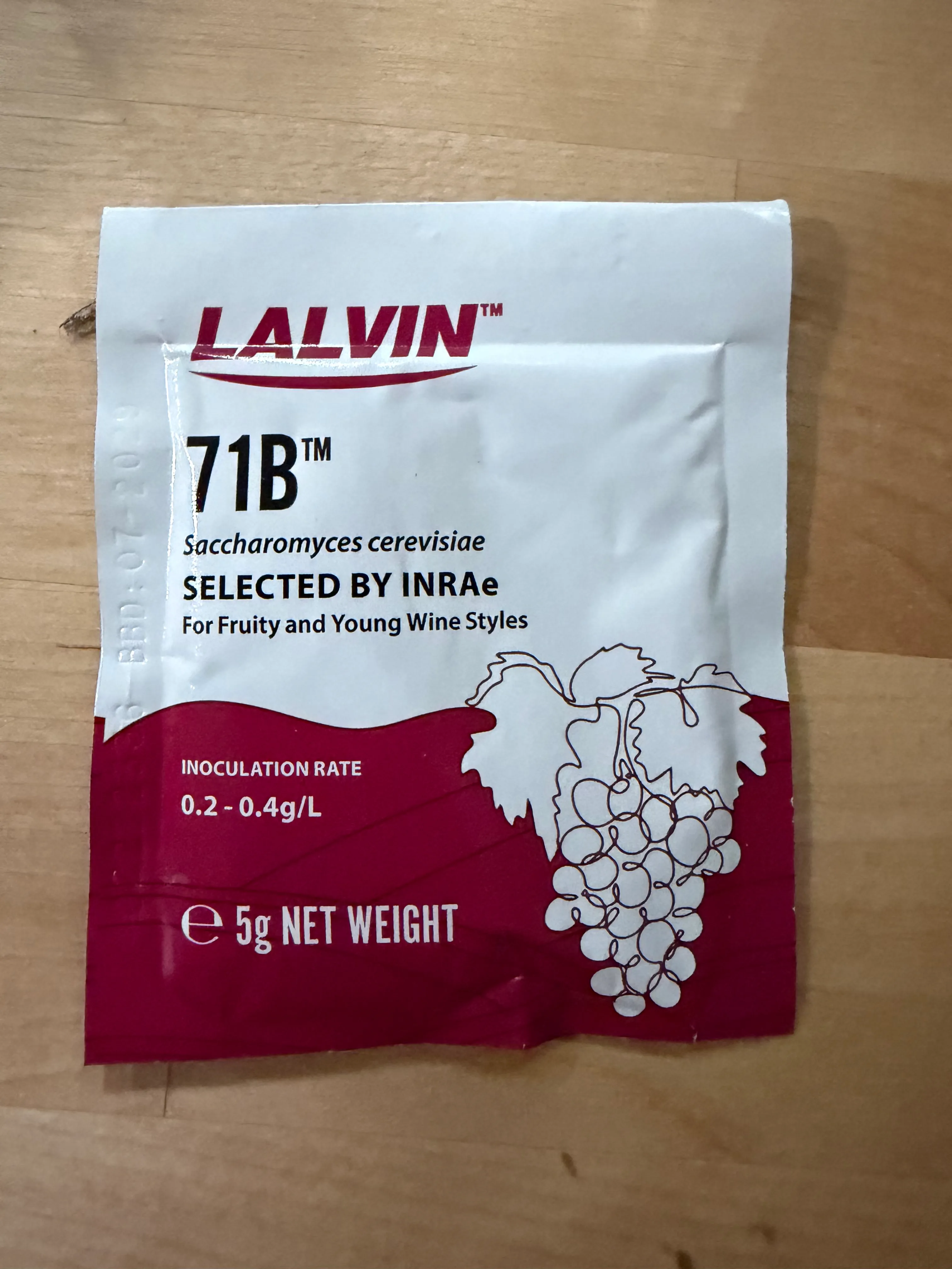 Lalvin 71B — "for fruity and young wine styles," which is the plan