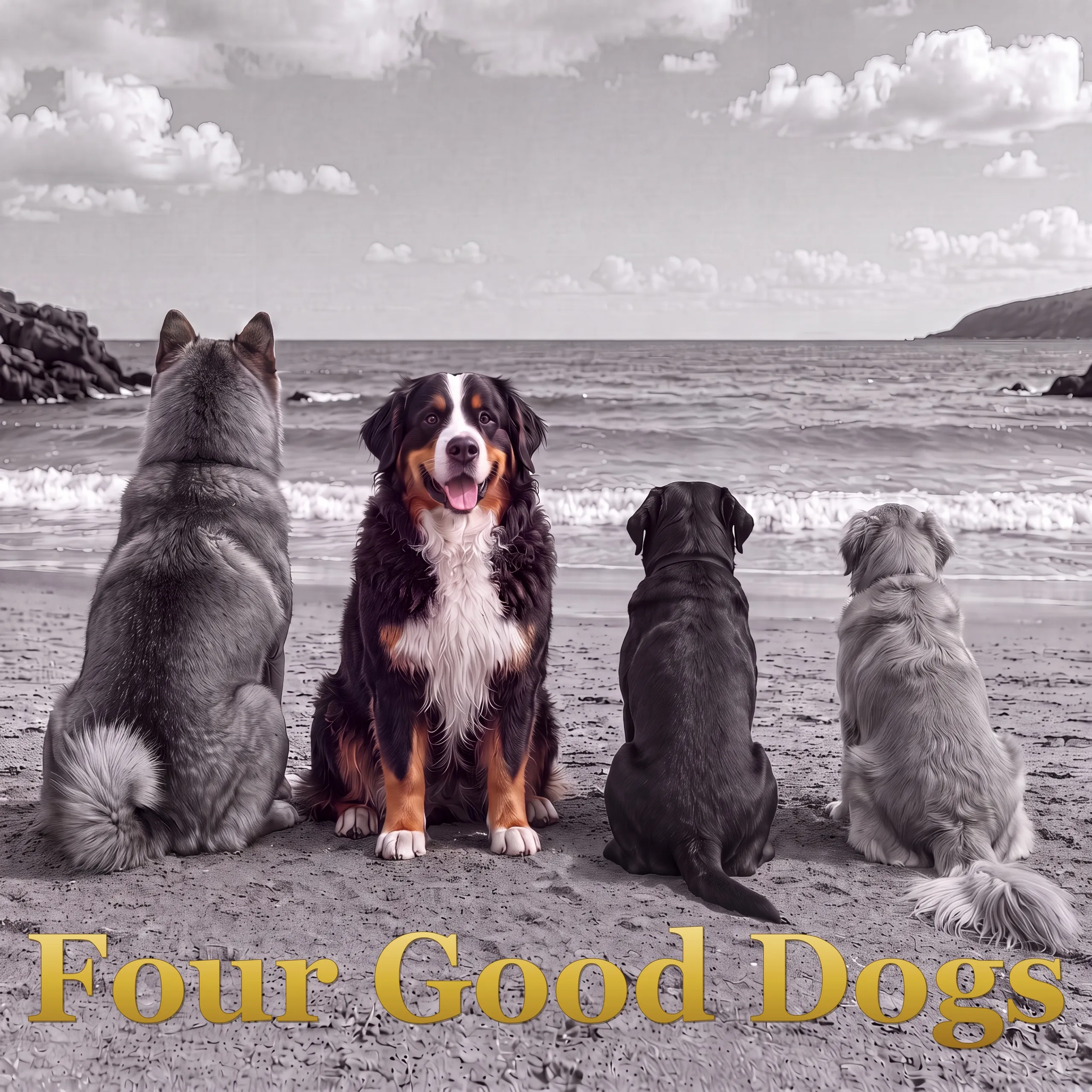 Four Good Dogs — four dogs sitting on a beach looking out at the sea