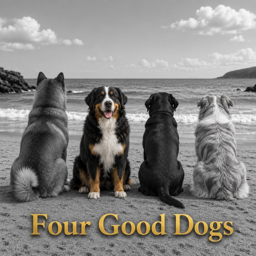 Four Good Dogs — four dogs sitting on a beach looking at the sea
